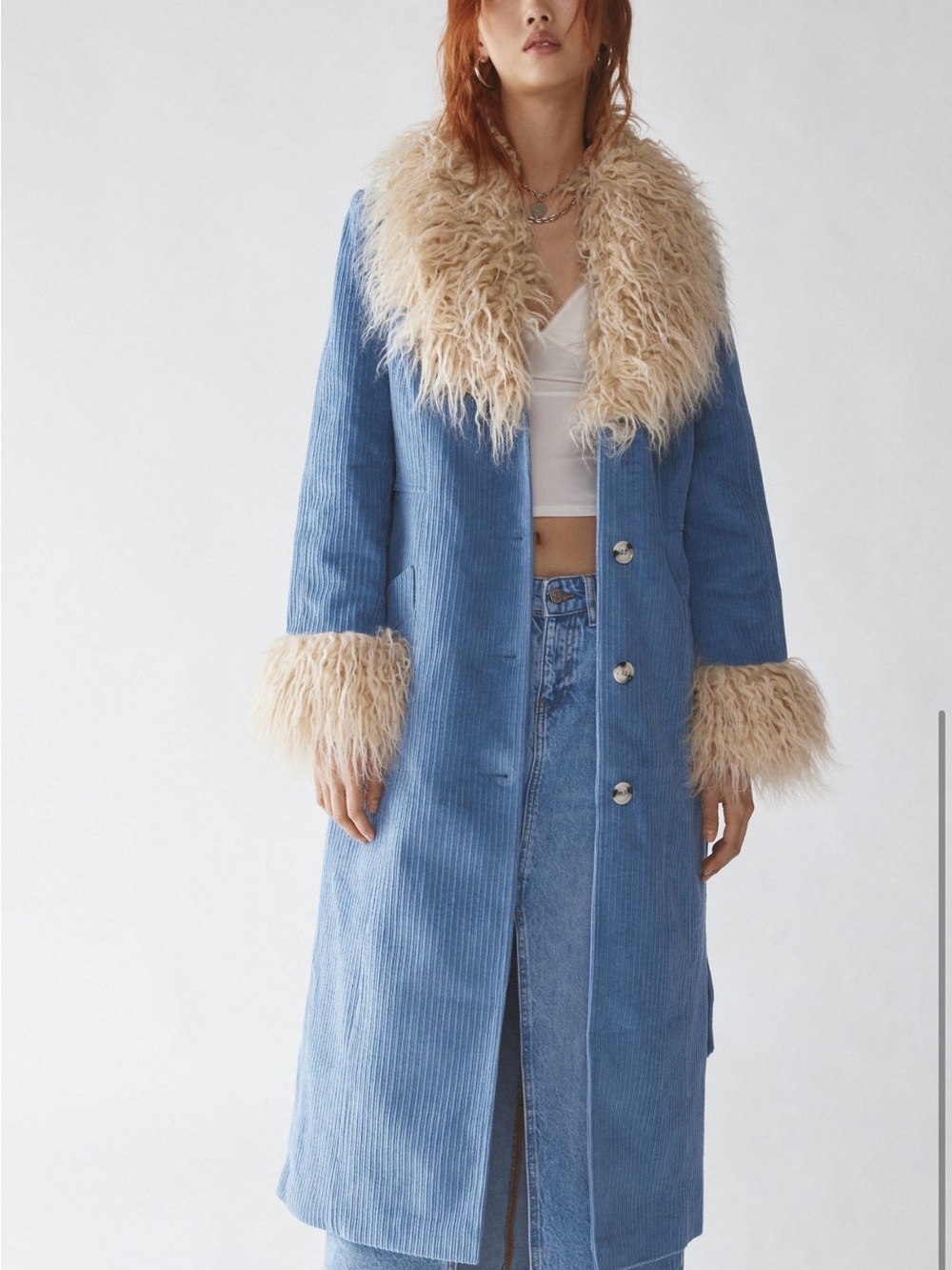 Urban Outfitters Tasha Faux Fur Corduroy Longline Coat in Blue, Size S